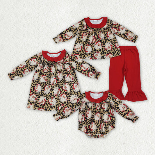 Sibling Baby Girls Christmas Leopard Santa Rompers Dresses Outfits