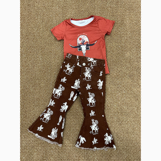 Western Cow Cactus Shirt Rodeo Denim Bell Bottom Jeans Sets