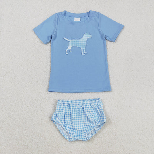 GBO0470 Baby Boys Blue Embroidery Dogs Top Checked Bummies Clothes Sets