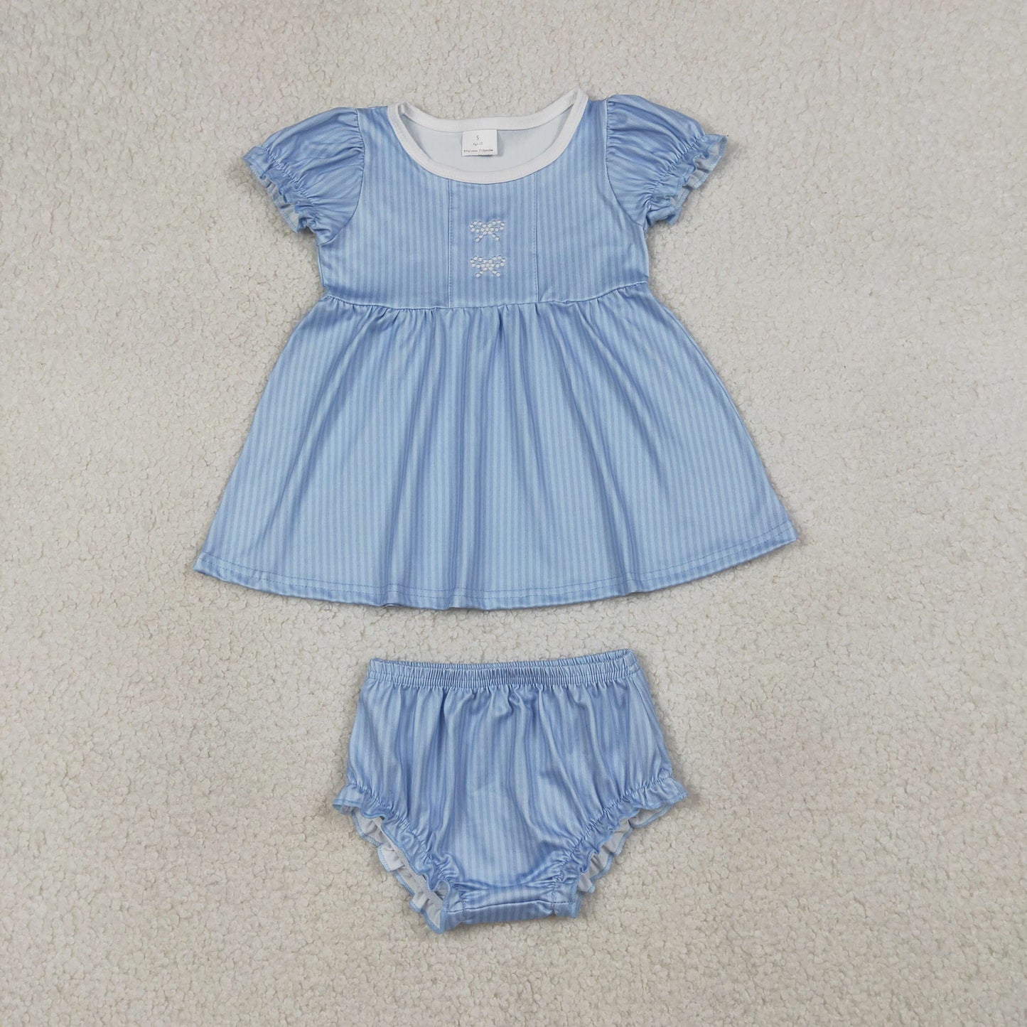 GBO0486 Baby Boys Blue Stripe Embroidery Bows Tunic Bummies Clothes Sets