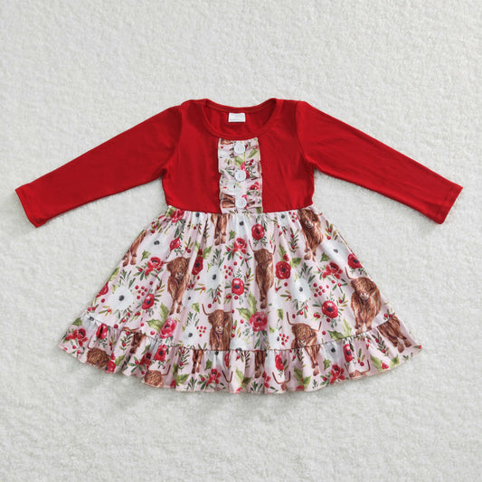 GLD0322 baby girl alpine cow flowers long sleeve dress