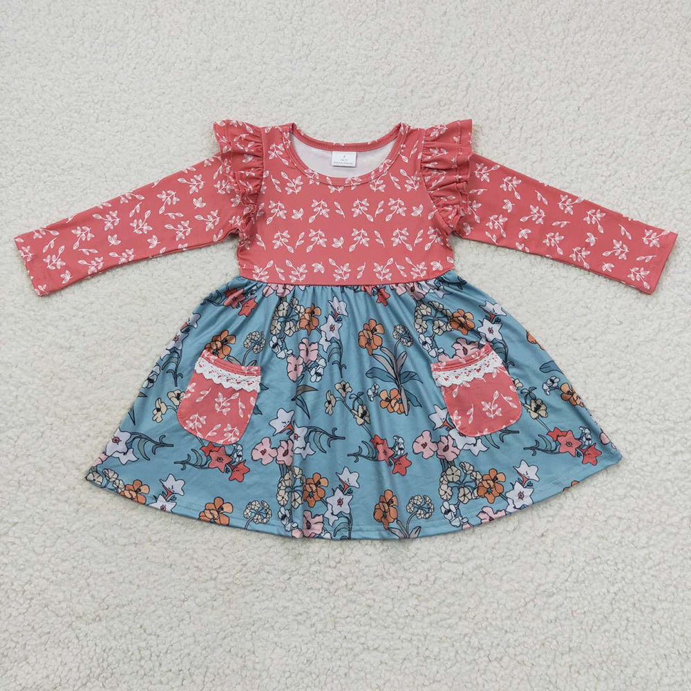 Sibling Baby Girls Bows Flowers Pockets Ruffle Knee Length Dresses With Belt