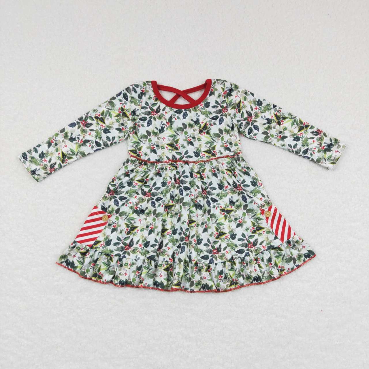 Sibling Baby Girls Bows Holly Trees Plaid Christmas Ruffle Knee Length Dresses