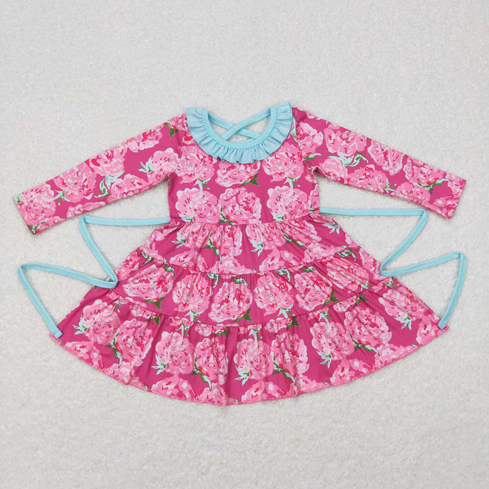 Sibling Baby Girls Bows Flowers Pockets Ruffle Knee Length Dresses With Belt