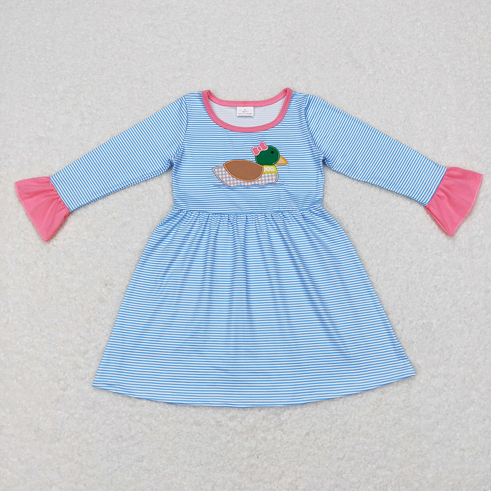Sibling Baby Girls Embroidery Bow Ducks Blue Stripe Tunic Leggings Valentines Sets Dresses
