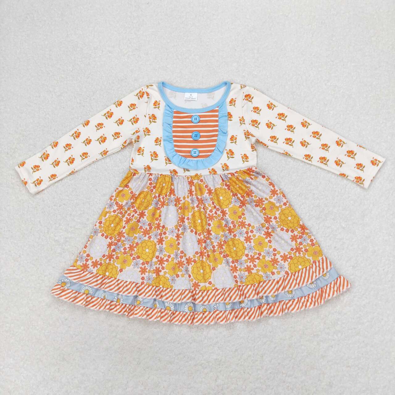 Sibling Baby Girls Flowers Plaid Button Pockets Ruffle Knee Length Dresses