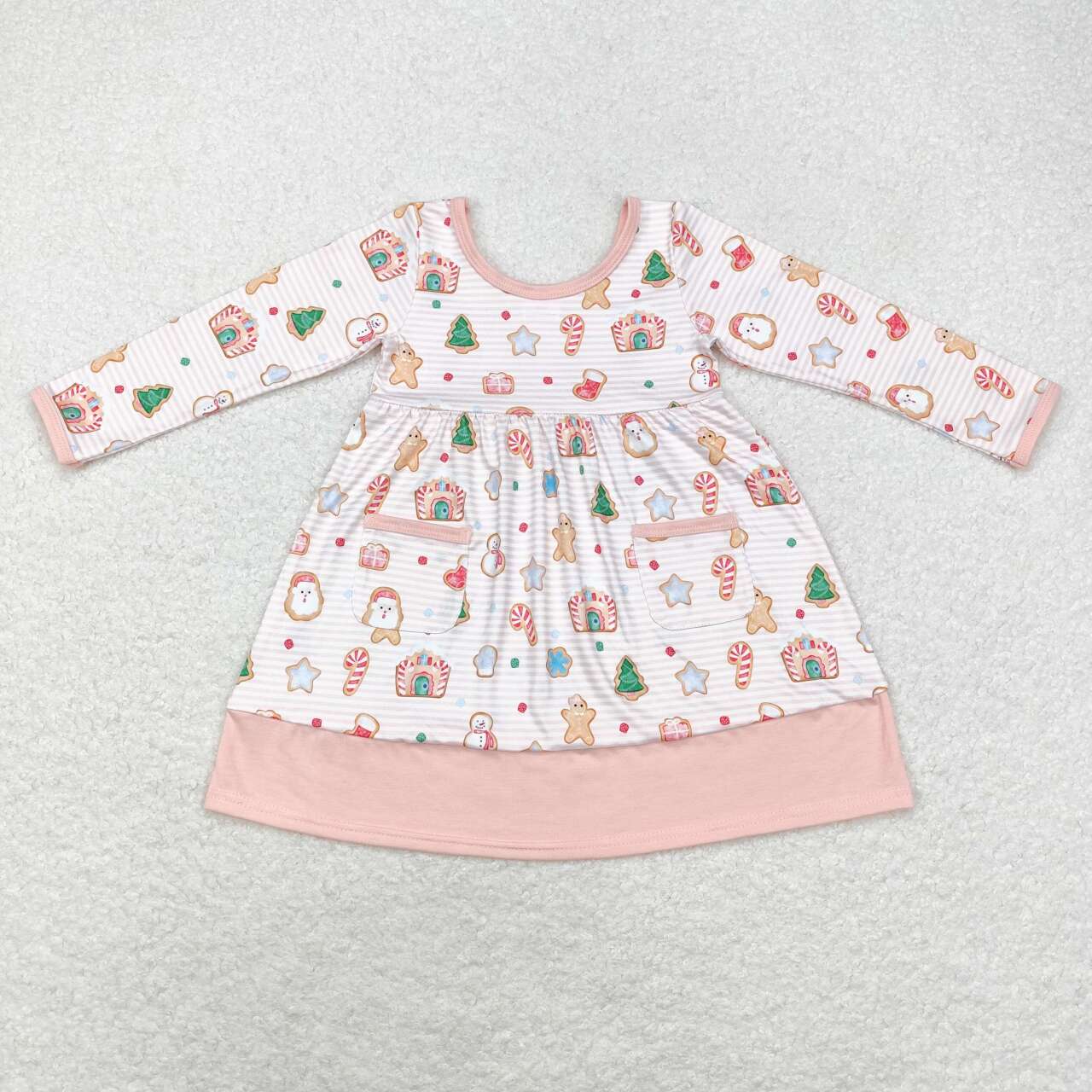 Sibling Baby Girls Gingerbread Candy Cane Christmas Ruffle Knee Length Dresses