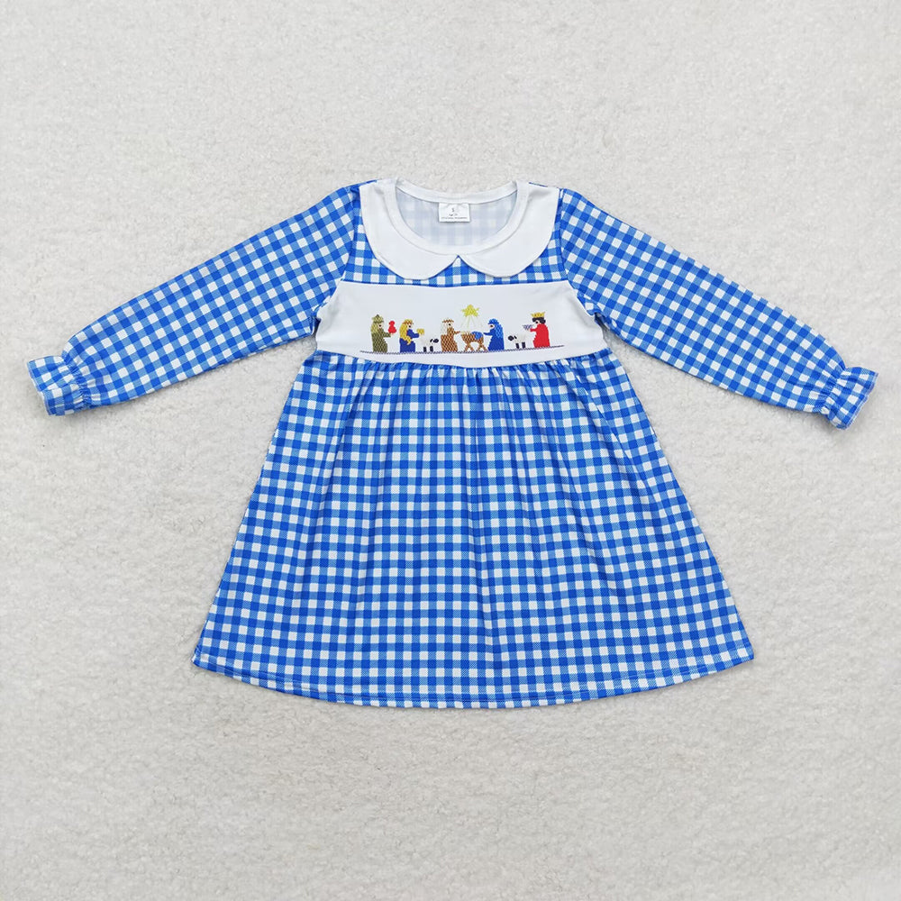 Sibling Baby Girls Blue Nativity Christmas Ruffle Knee Length Dresses