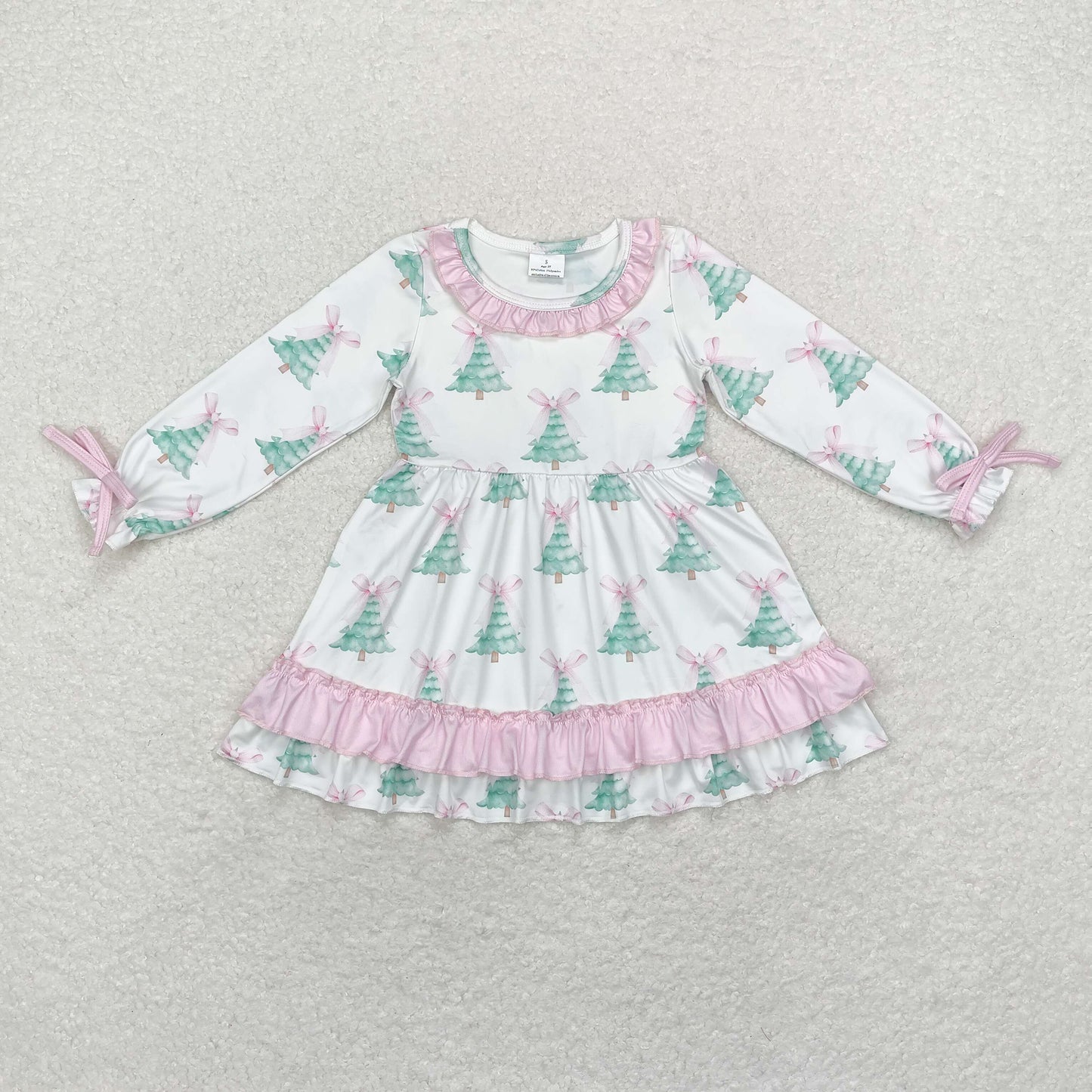Sibling Baby Girls Bows Trees Plaid Christmas Ruffle Knee Length Dresses