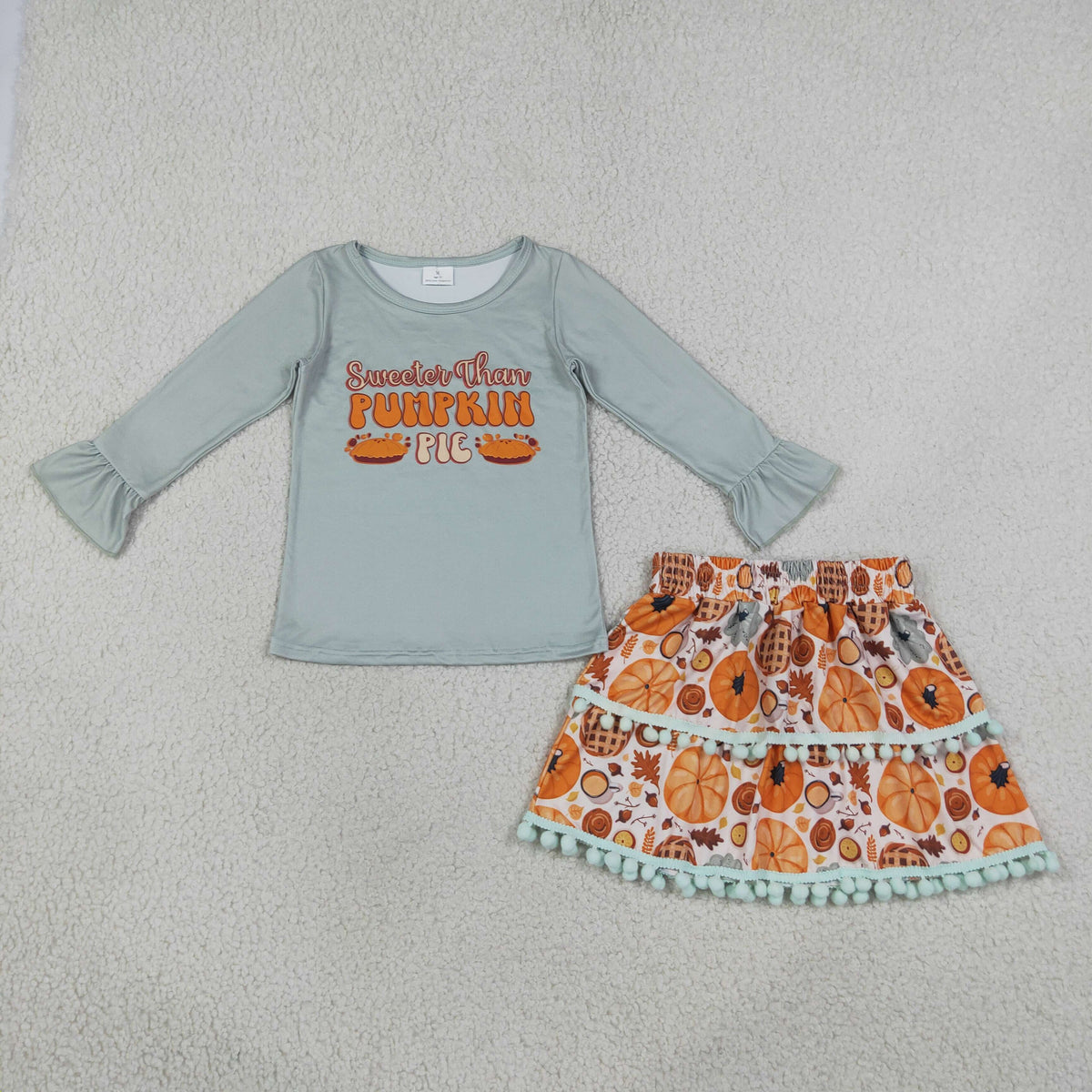 GLD0763 Baby Girls Long Sleeve Pumpkins Pie Top Skirt Short Thanksgivings Clothes Set