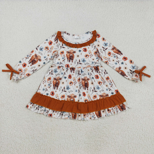 GLD0784 Baby Girls Flowers Highland Cows Western Ruffle Knee Length Dresses