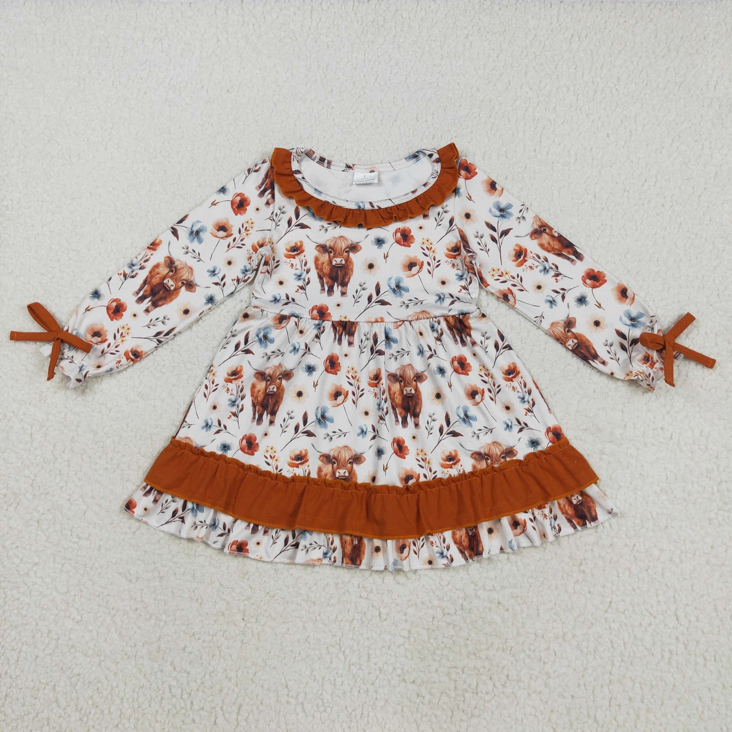 Sibling Baby Girls Highland Cows Flowers Ruffle Collar Western Knee Length Dresses Zipper Rompers