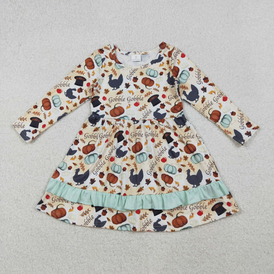 GLD0789 Baby Girls Turkey Pumpkins Thanksgiving Ruffle Knee Length Dresses