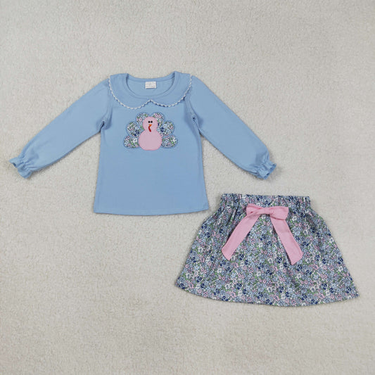 GLD0849 Baby Girls Embroidery Turkey Collar Top Floral Skirt Shorts Thanksgiving Clothes Sets