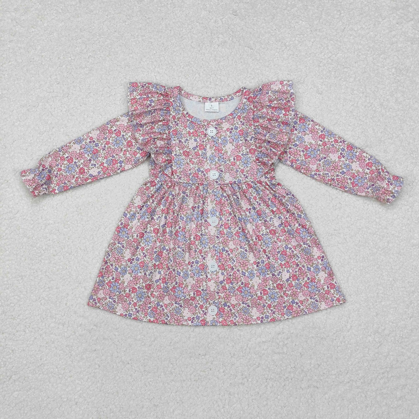 Sibling Baby Girls Flowers Plaid Button Pockets Ruffle Knee Length Dresses
