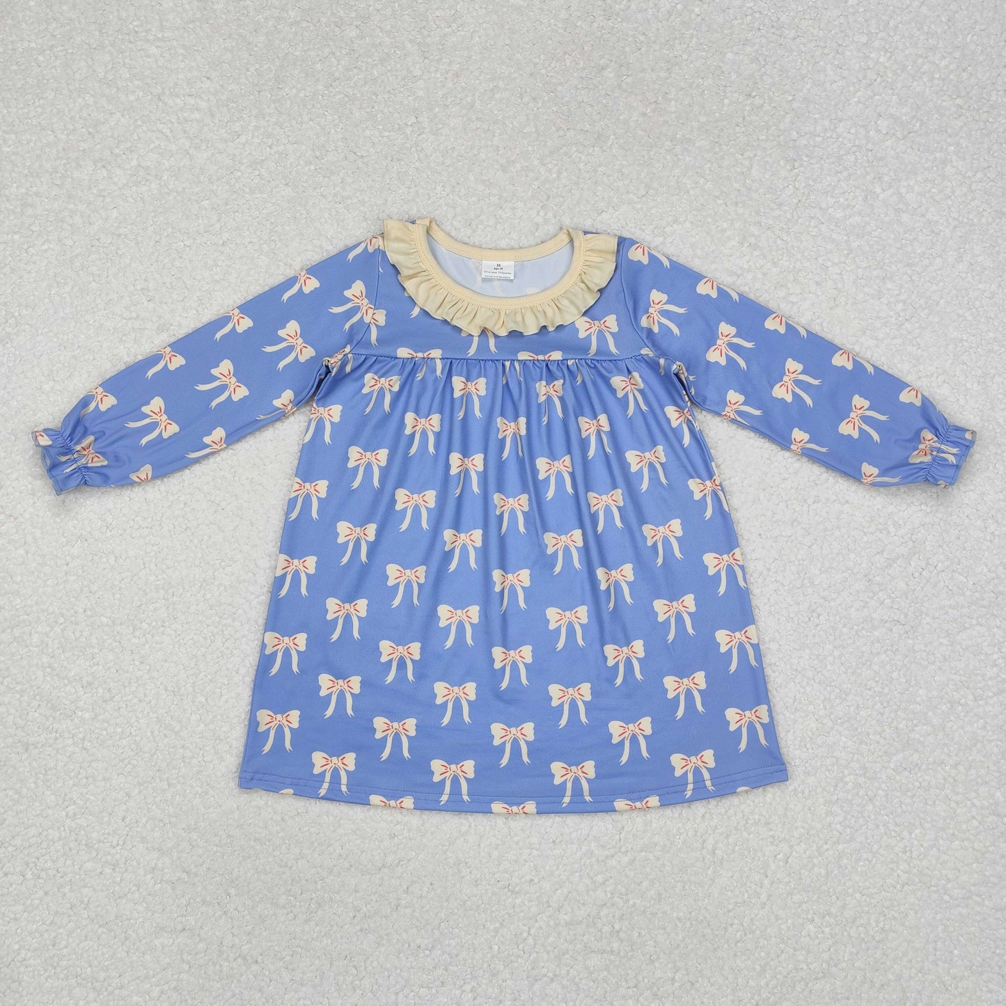 Sibling Baby Girls Bows Flowers Checked Long Ruffle Sleeve Collar Knee Length Dresses