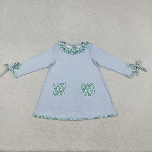 GLD0927 Baby Girls Blue Stripe Flowers Pockets Ruffle Sleeve Knee Length Dresses