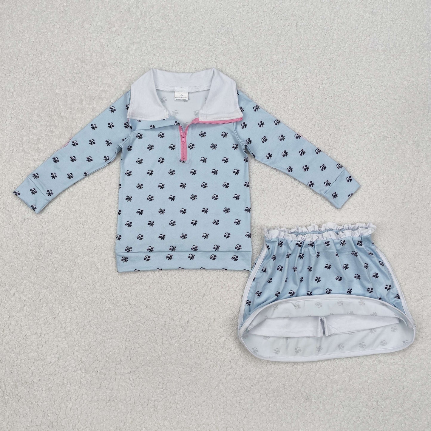 7 Colors Sibling Baby Girls Flowers Bows Zip Top Skirt Skort Bottoms Sets