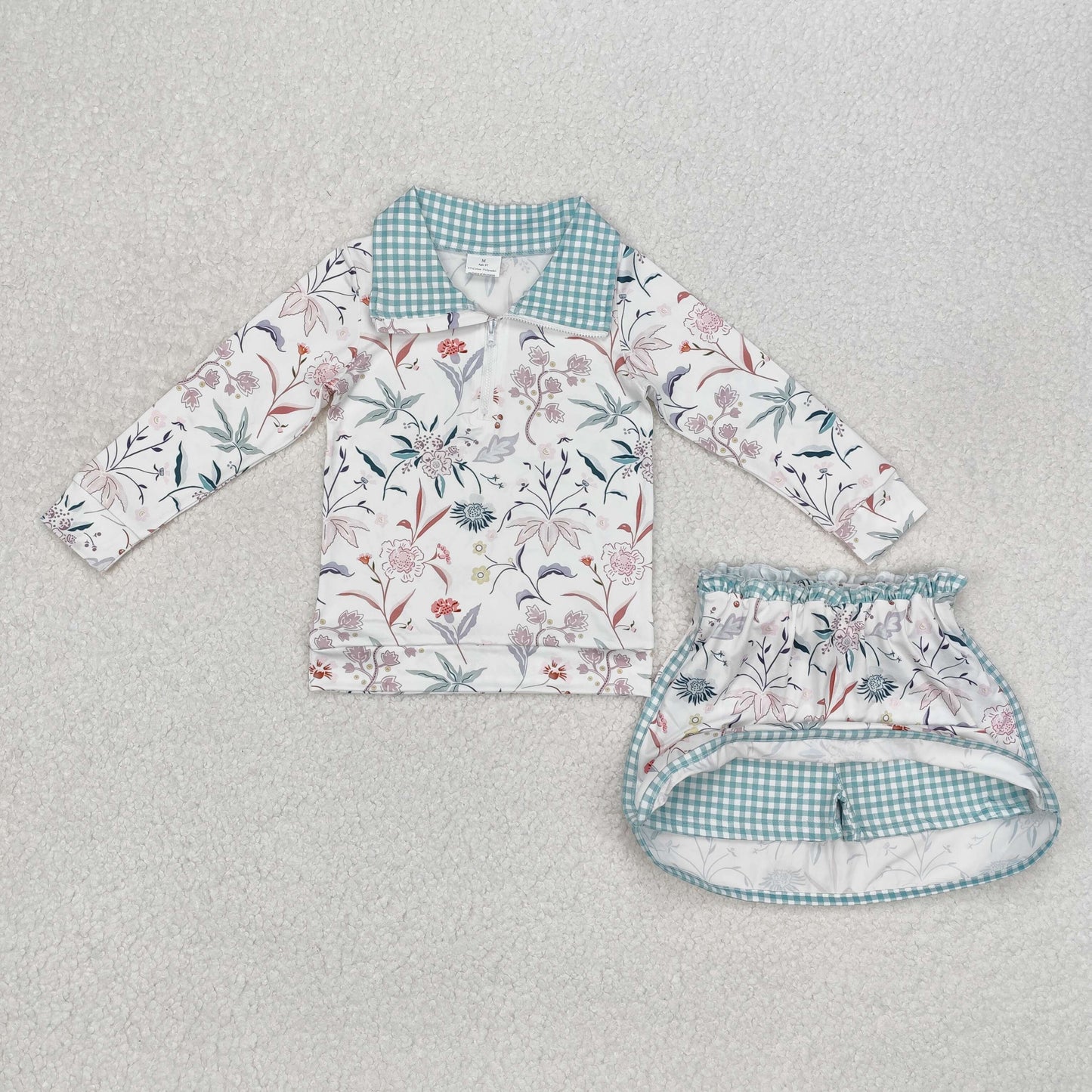 7 Colors Sibling Baby Girls Flowers Bows Zip Top Skirt Skort Bottoms Sets