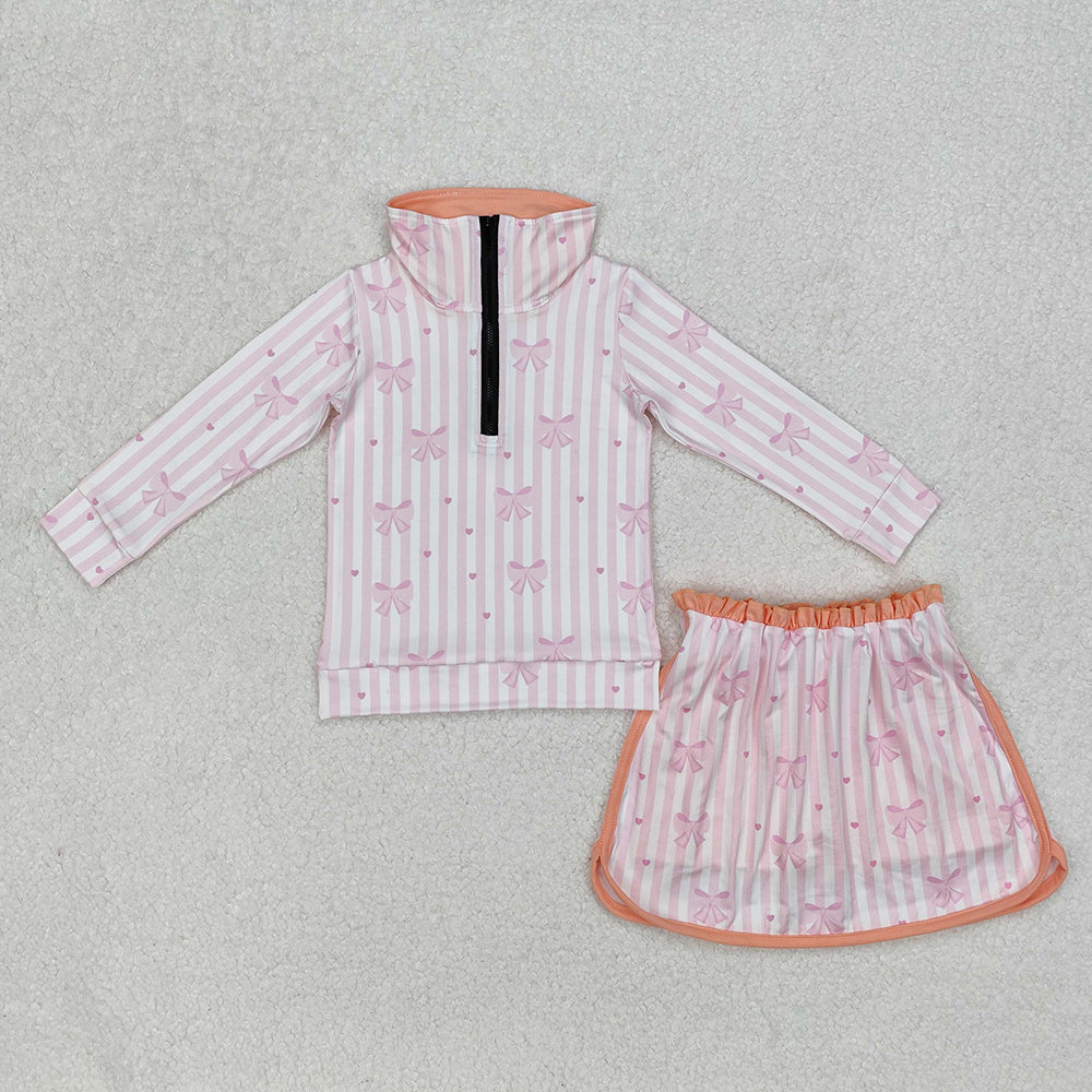 GLD1004 baby girls pink stripes bows pullover top skorts sports sets