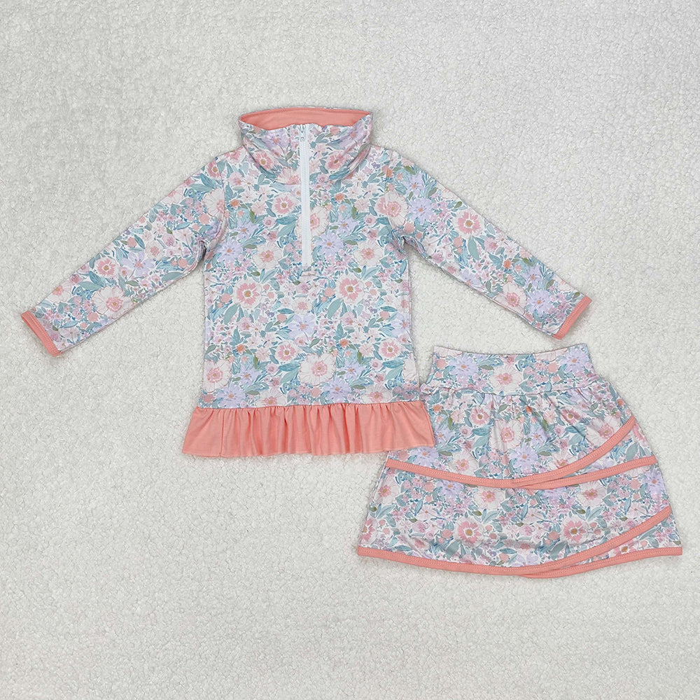 Sibling Baby Girls Flowers Zip Top Skirt Ruffle Skort Bottoms Sets