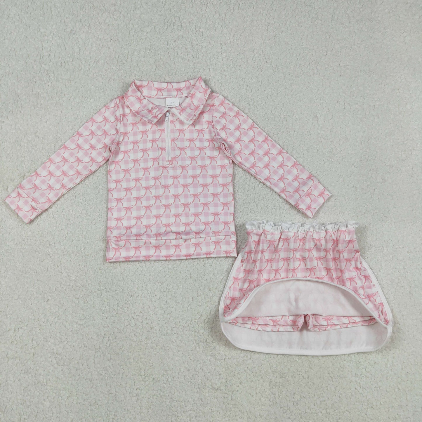 GLD1014 Baby Girls Pink Bows Checked Zipper Pullovetrs Skirt Shorts Clothes Sets