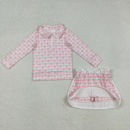 GLD1014 Baby Girls Pink Bows Checked Zipper Pullovetrs Skirt Shorts Clothes Sets