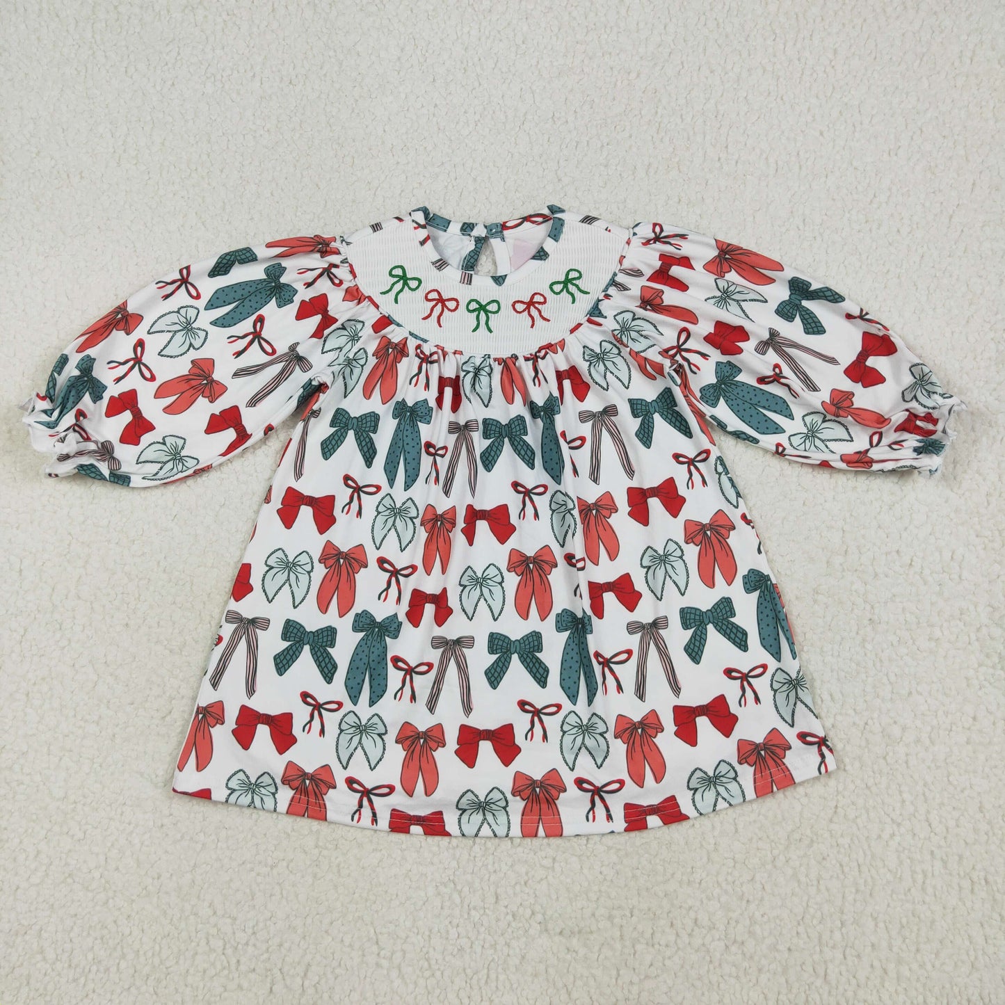 Sibling Baby Girls Green Red Bows Christmas Knee Length Dresses