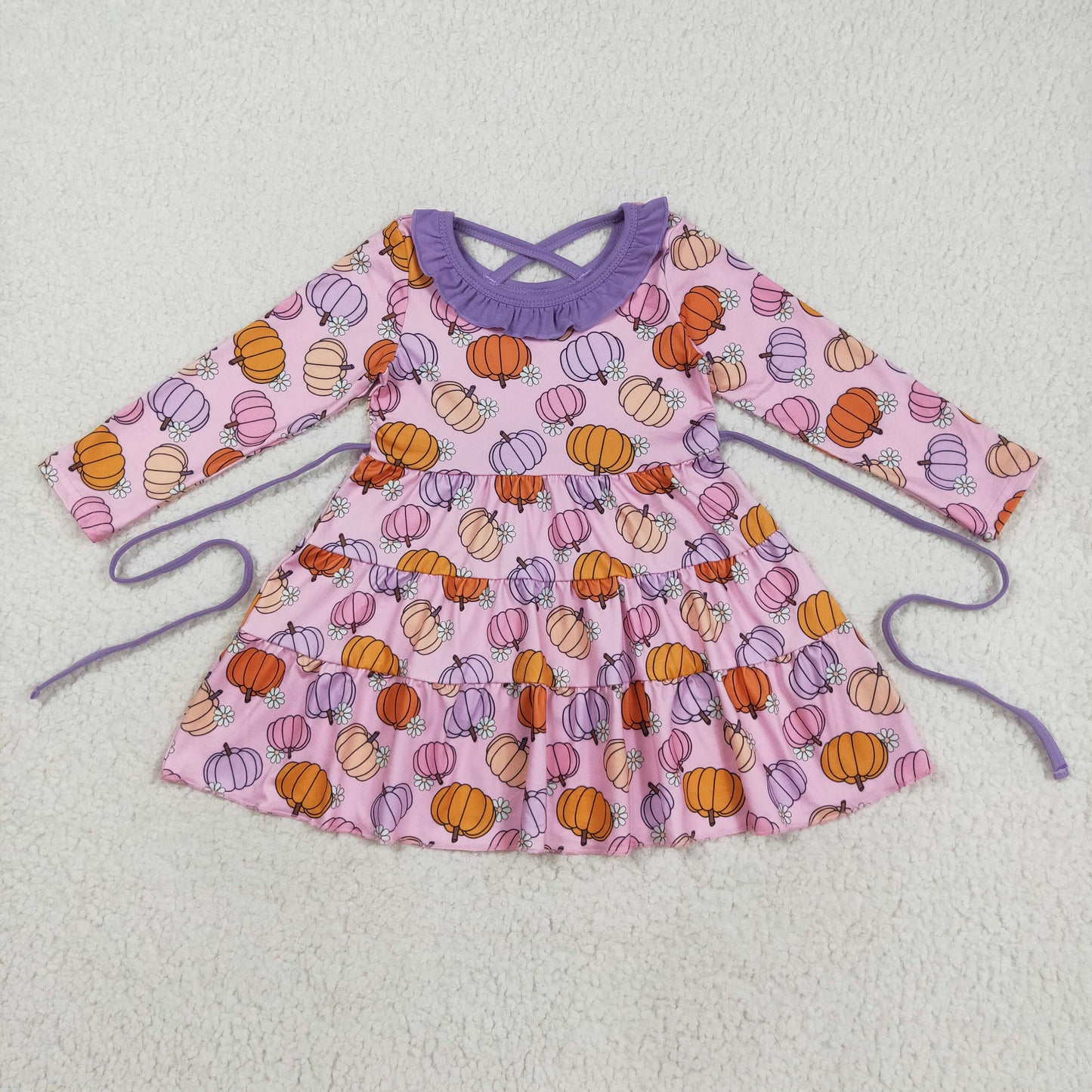 GLD1032 Baby Girls Flowers Pumpkins Fall Patchwork Knee Length Dresses With Belts