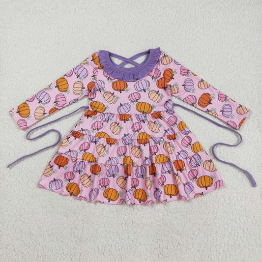 GLD1032 Baby Girls Flowers Pumpkins Fall Patchwork Knee Length Dresses With Belts