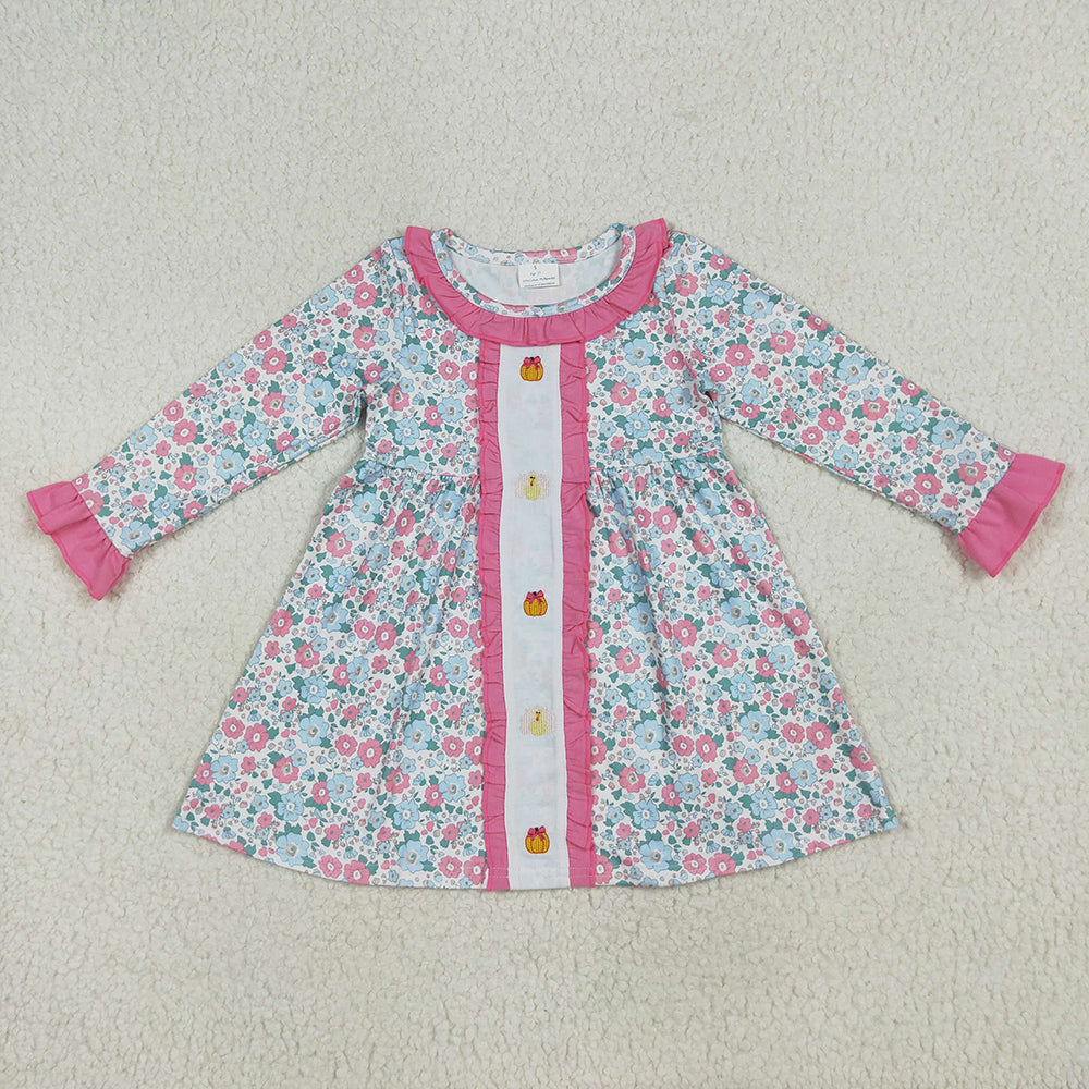 Sibling Embroidery Baby Girls Floral Turkey Pumpkins Rompers Dresses Sets