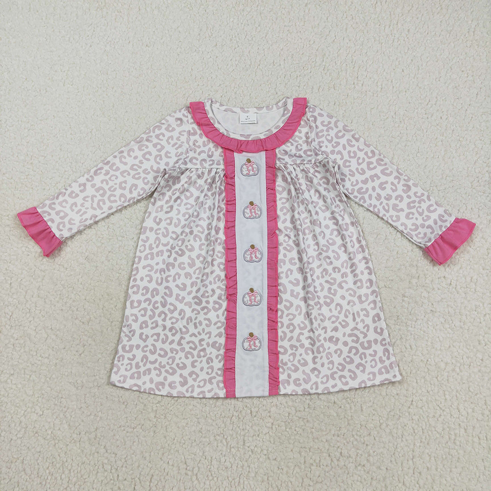 Sibling Embroidery Bows Pumpkins Baby Girls Leopard Fall Rompers Dresses Outfits