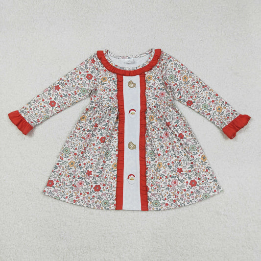 GLD1062 Baby Girls Red Floral Embroidery Santa Cookie Christmas Knee Length Dresses