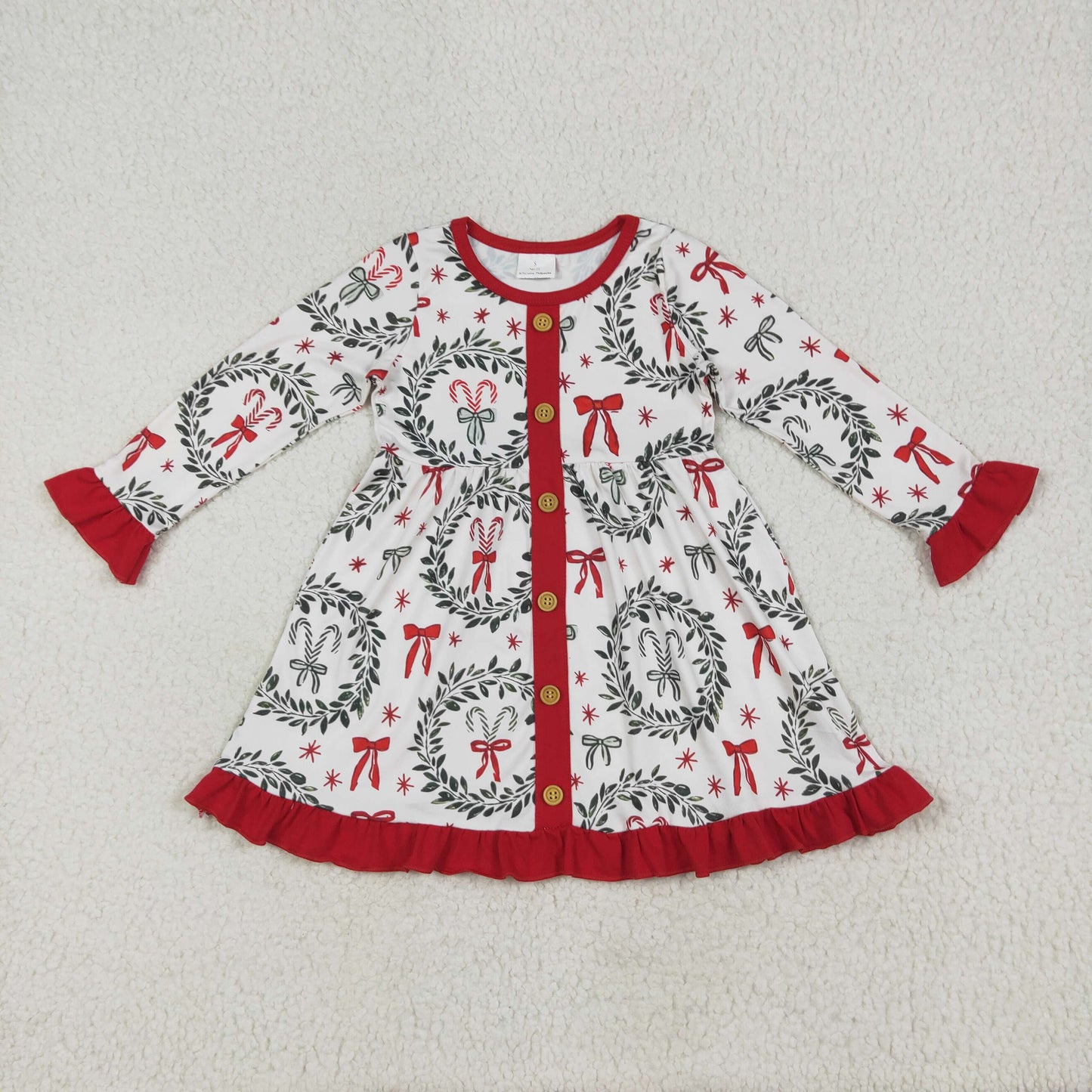 Sibling Baby Girls Candy Cane Stripes Button Christmas Ruffle Knee Length Dresses