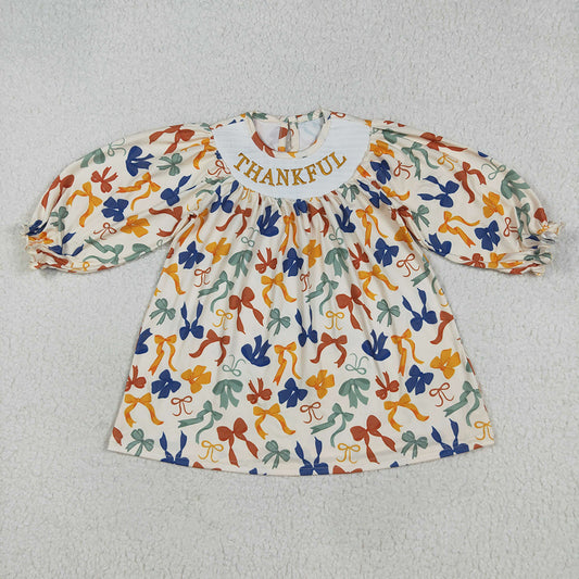 GLD1086 Girls Baby Thanksgiving Bows Smocked Embroidery Dresses