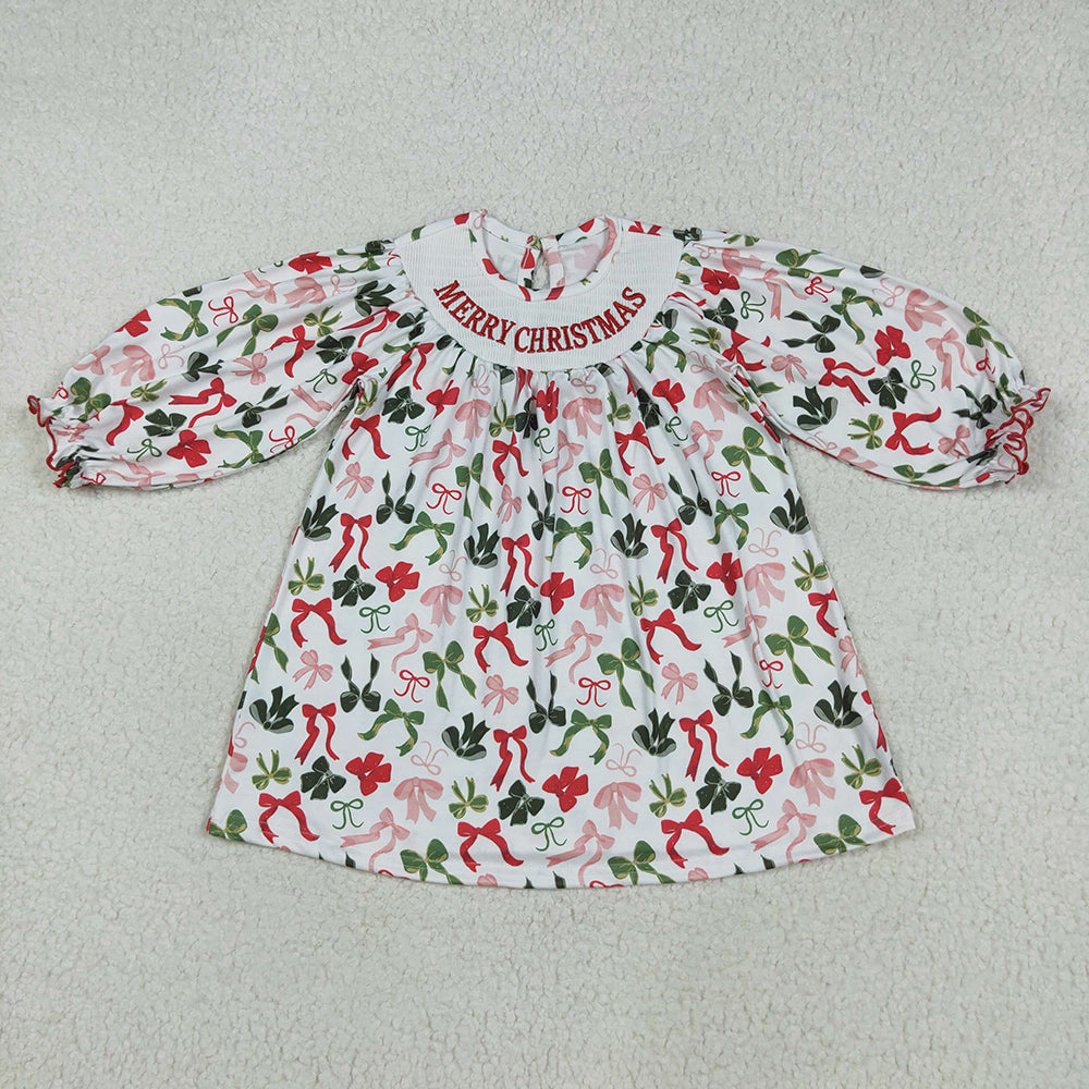 GLD1094 Girls Baby Merry Christmas Bows Smocked Embroidery Dresses
