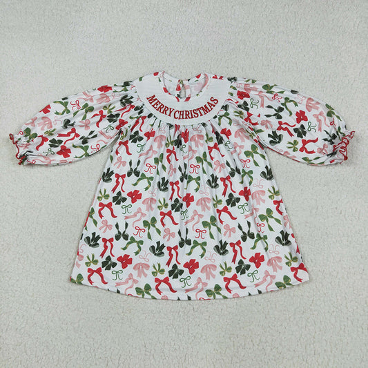 GLD1094 Girls Baby Merry Christmas Bows Smocked Embroidery Dresses