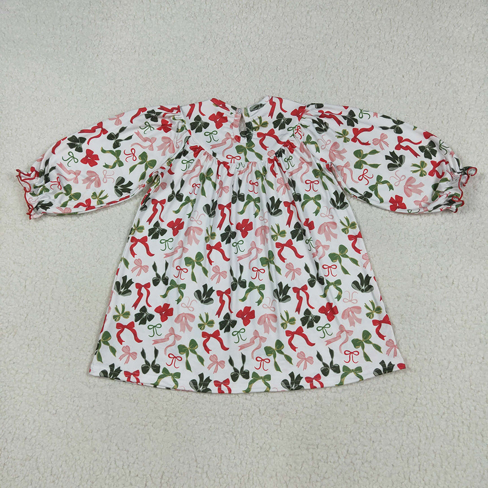 GLD1094 Girls Baby Merry Christmas Bows Smocked Embroidery Dresses