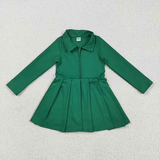 GLD1148 toddler girl clothes Green Long Sleeve Zip athletic yoga Pleated dresses