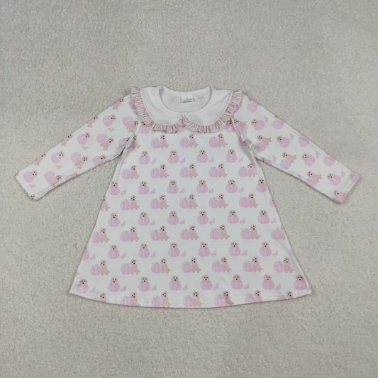 GLD1157 Baby Girls Pink Dogs Pumpkins Plaid Fall Collar Knee Length Dresses