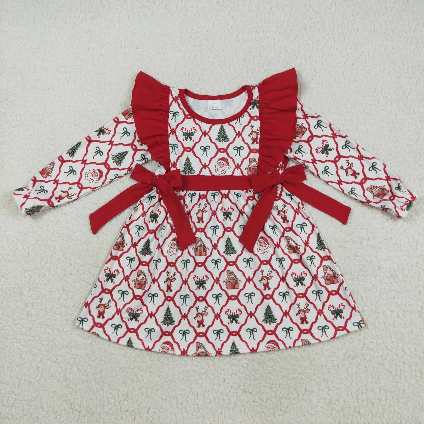 Sibling Baby Girls Santa Plaid Button Pockets Christmas Ruffle Knee Length Dresses