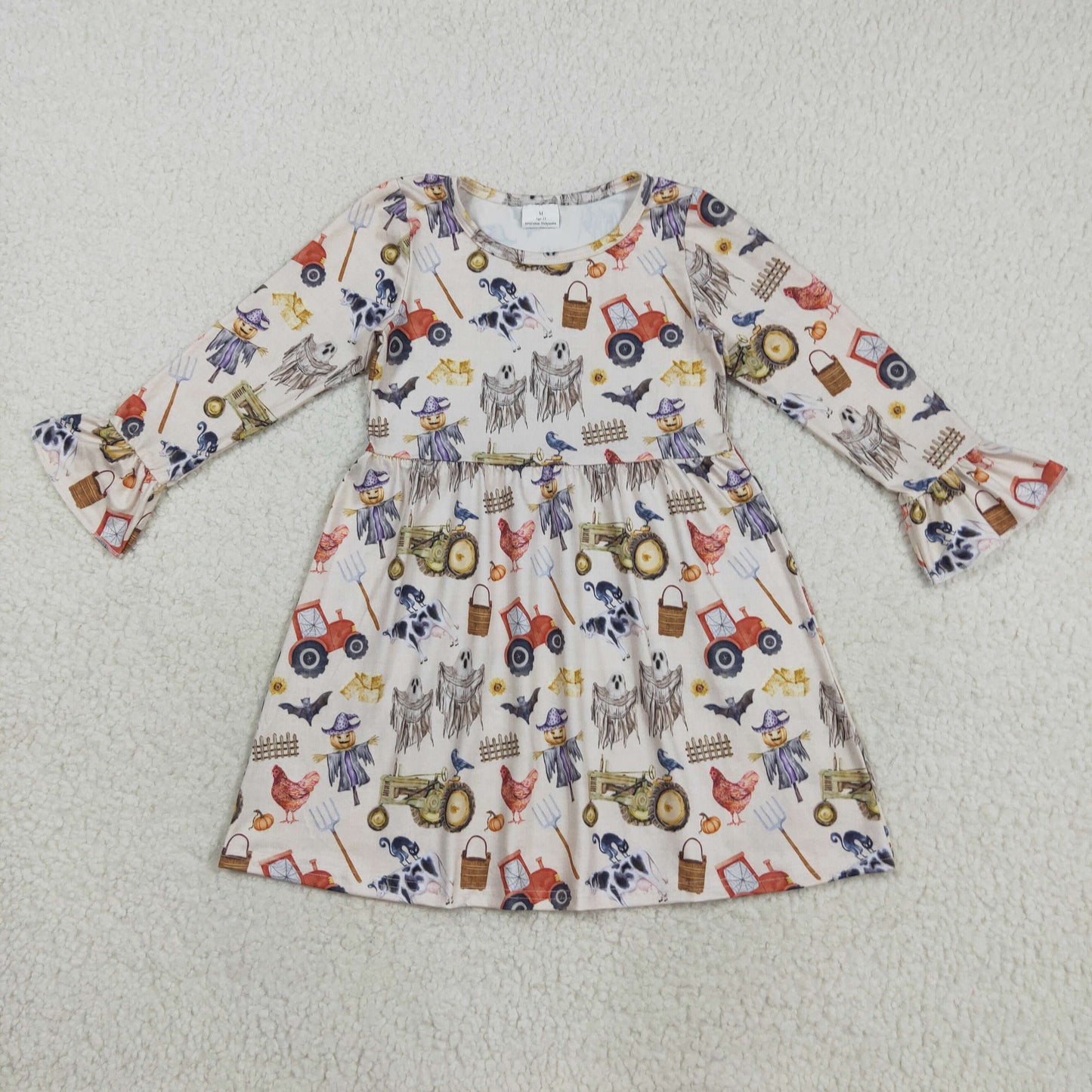 GLD1196 Baby Girls Ghosts Bats Chicks Cows Halloween Ruffle Sleeve Knee Length Dresses