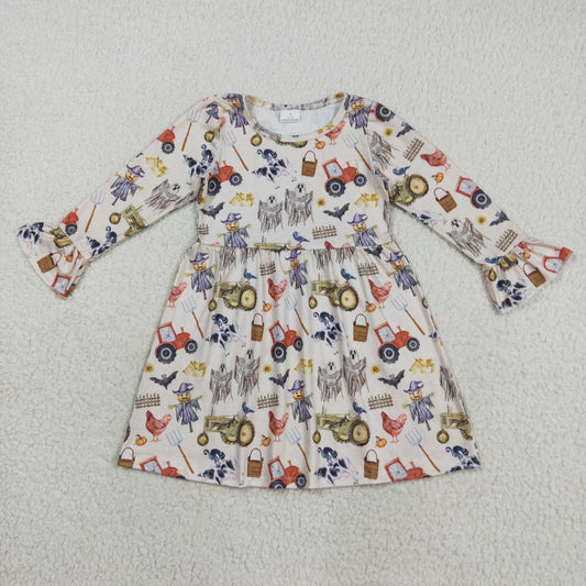 GLD1196 Baby Girls Ghosts Bats Chicks Cows Halloween Ruffle Sleeve Knee Length Dresses