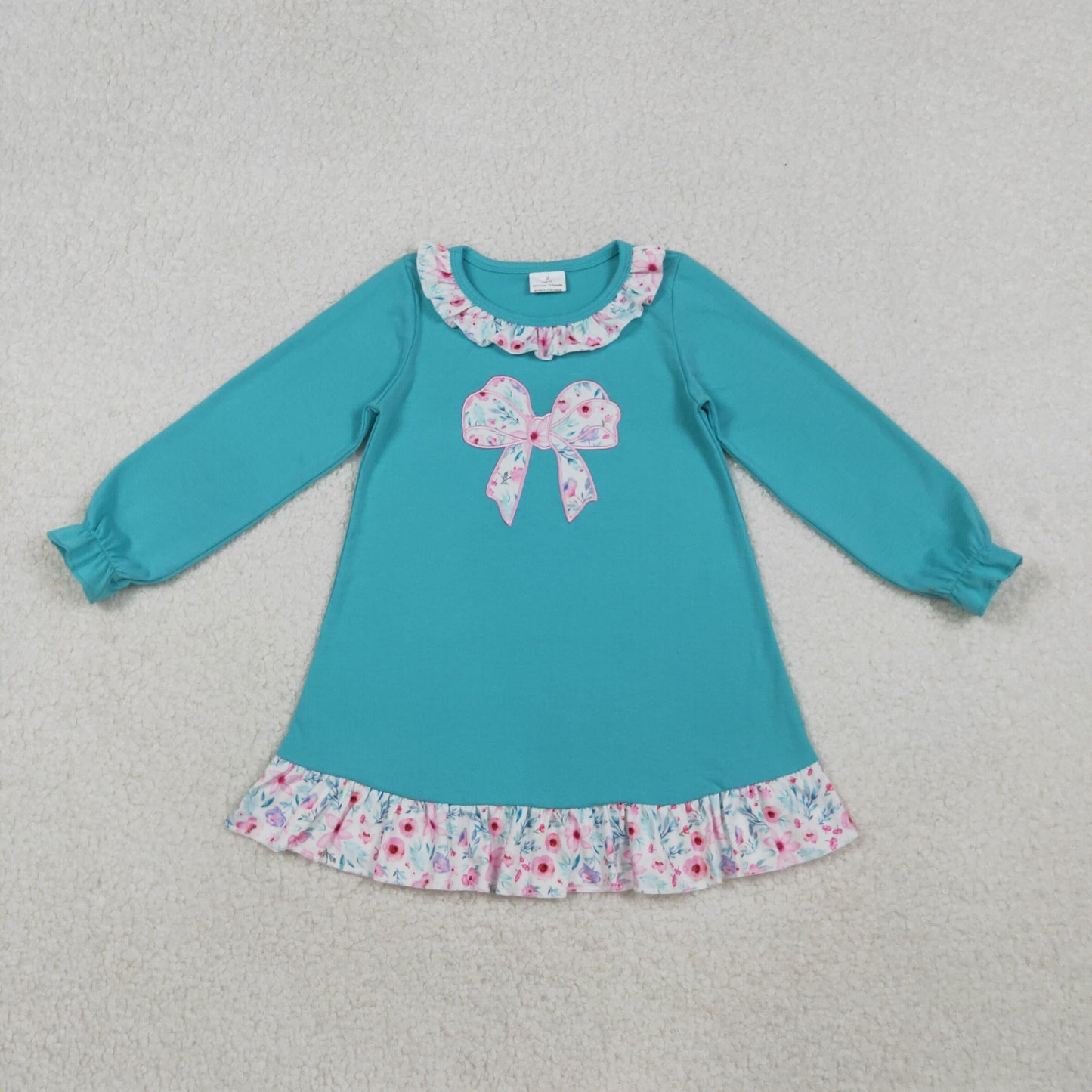 Sibling Embroidery Floral Bows Baby Girls Knee Length Dresses Ruffle Collar Rompers