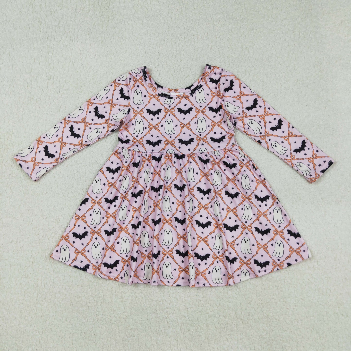 GLD1232 Baby Girls Bats Ghosts Bows Checked Halloween Knee Length Dresses