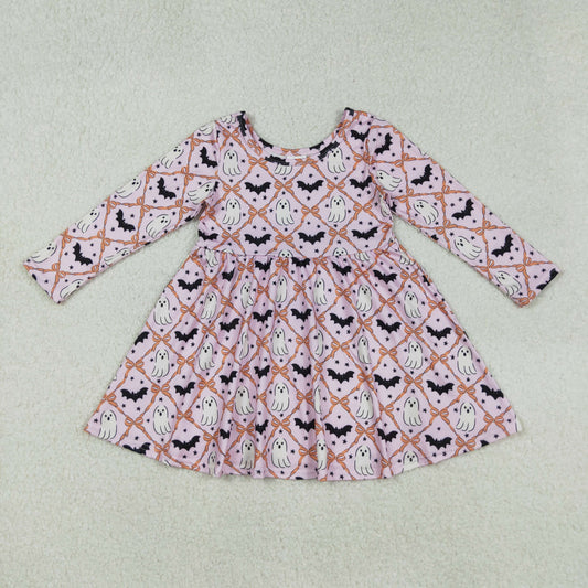 GLD1232 Baby Girls Bats Ghosts Bows Checked Halloween Knee Length Dresses