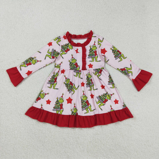 GLD1236 Baby Girls Stars Trees Grin Ruffle Sleeve Christmas Knee Length Dresses