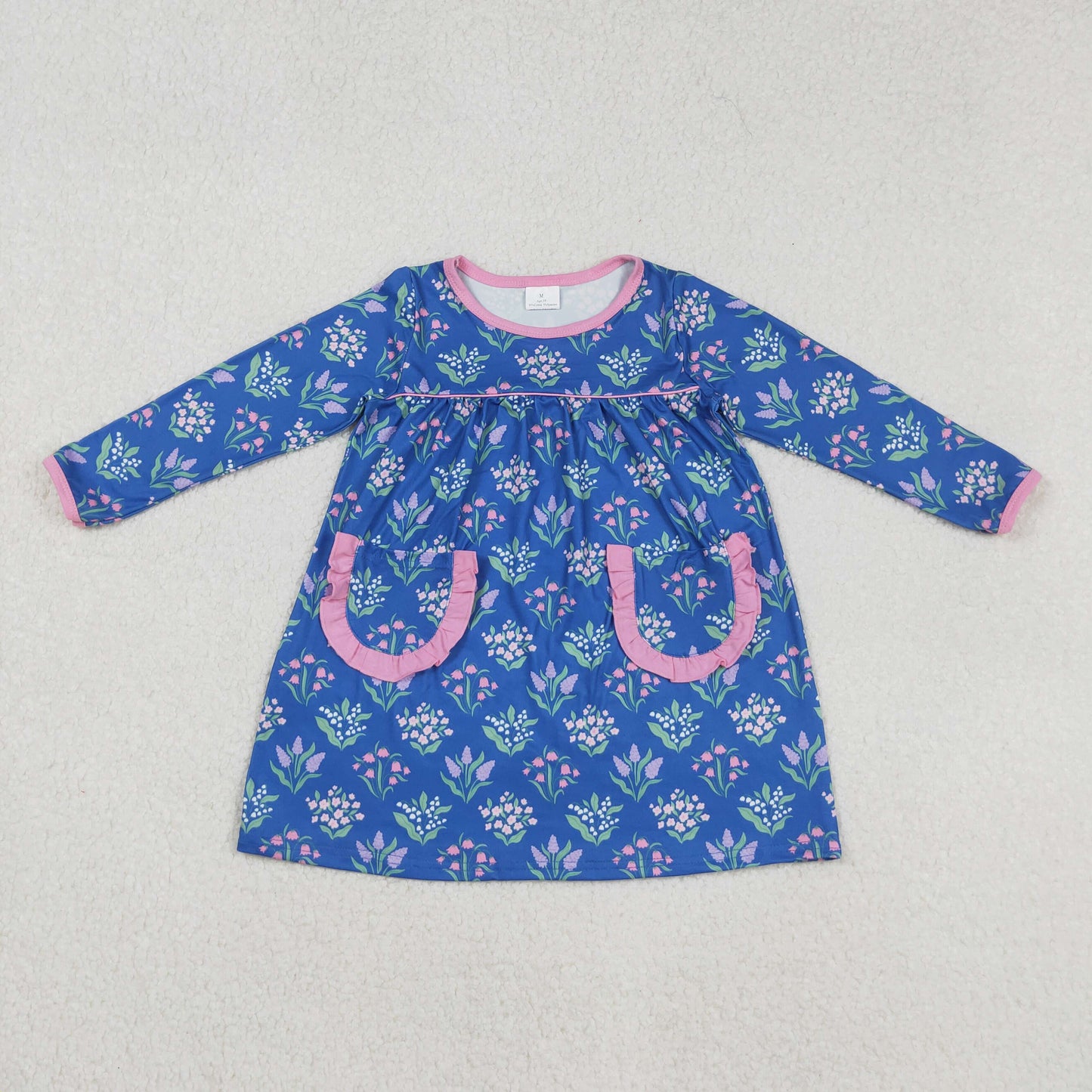 GLD1257 Baby Girls Pink Flowers Plaid Ruffle Pockets Knee Length Dresses