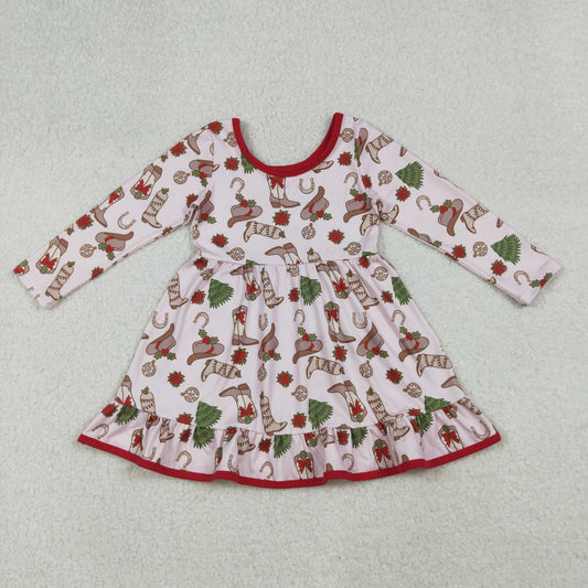 GLD1274 Baby Girls Hats Boots Holly Christmas Ruffle Knee Length Dresses
