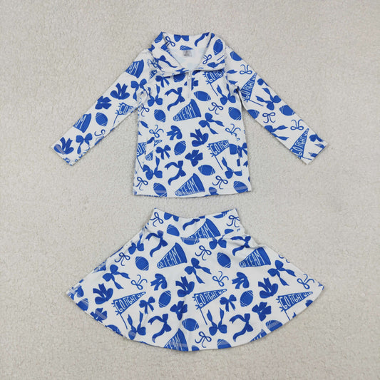 GLD1283 Baby Girls Blue Footballs Zipper Pullovers Skirt Shorts Team Yoga Active Clothes Set